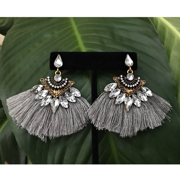 Gray Crystal Fringe Tassel Dangle Earrings - Picture 2 of 4